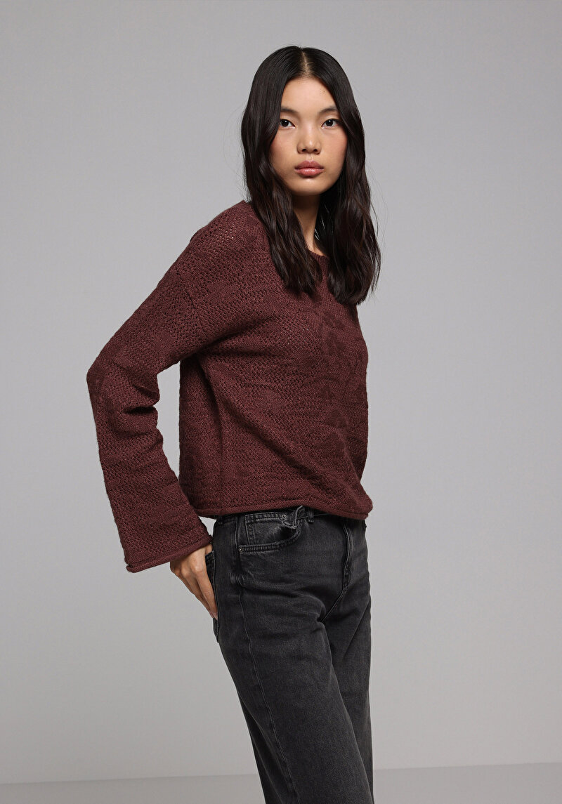 Regular Fit Yuvarlak Yaka Düz Kadın Kahverengi Kazak