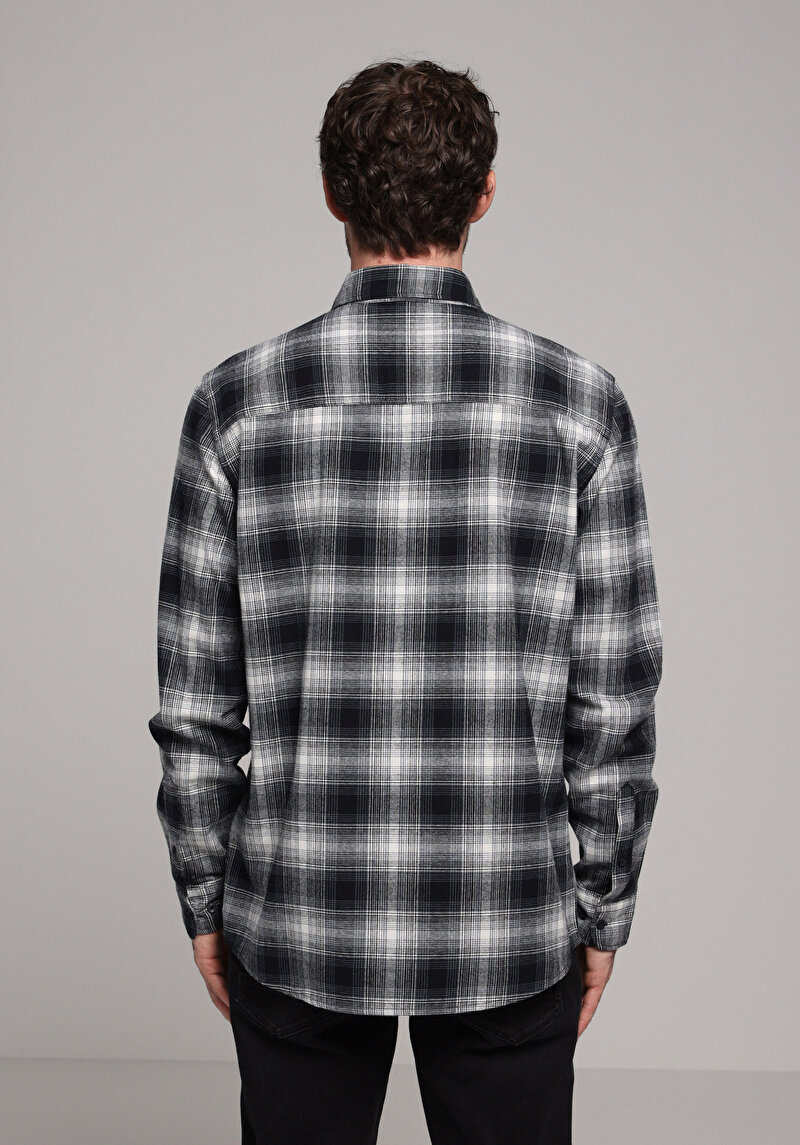 Regular Fit Shirt Neck Ekoseli Erkek Lacivert Uzun Kol Gömlek