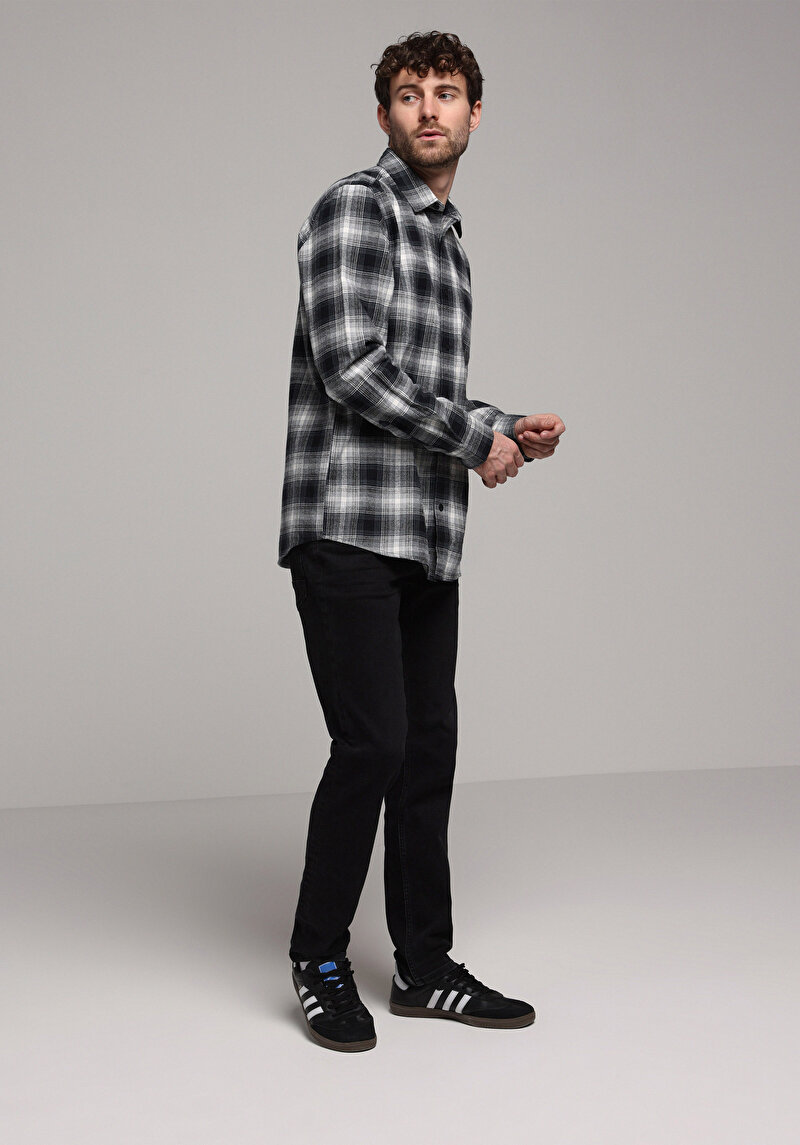 Regular Fit Shirt Neck Ekoseli Erkek Lacivert Uzun Kol Gömlek