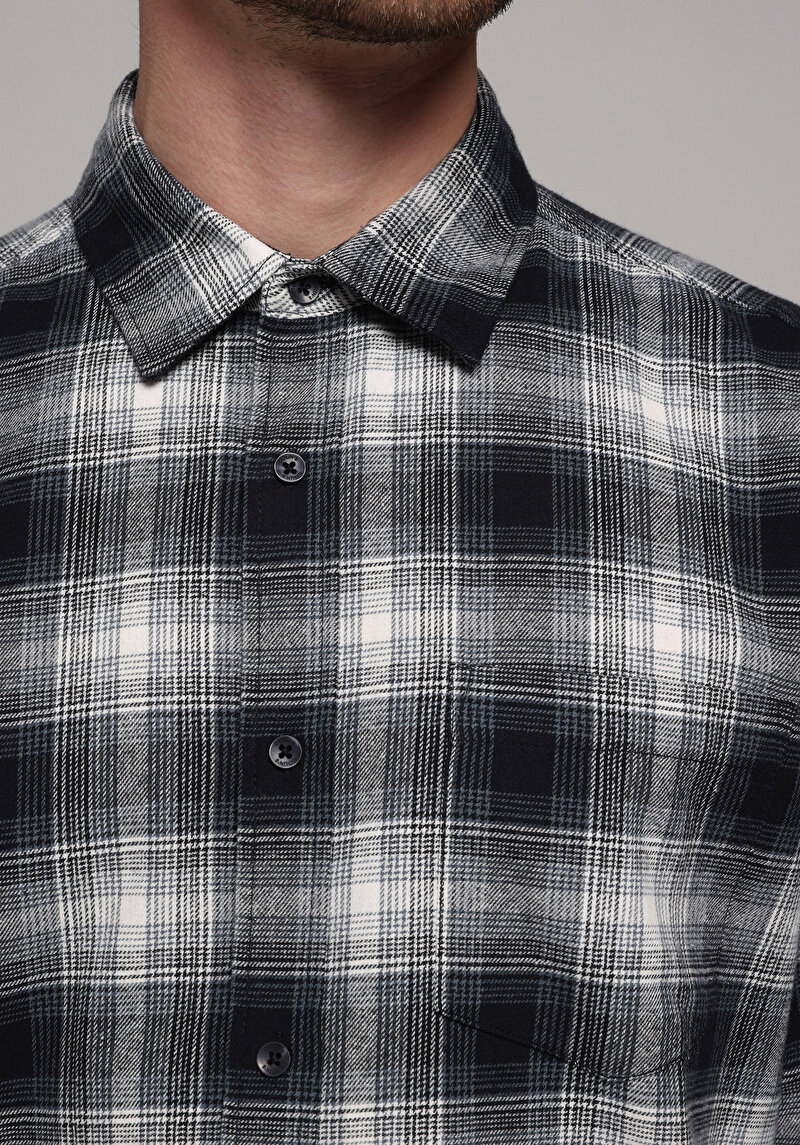 Regular Fit Shirt Neck Ekoseli Erkek Lacivert Uzun Kol Gömlek