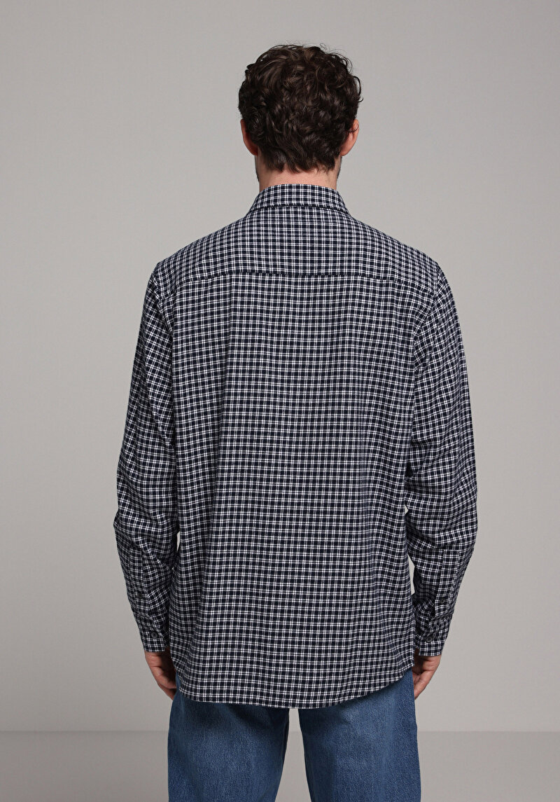 Comfort Fit Shirt Neck Ekoseli Erkek Lacivert Uzun Kol Gömlek