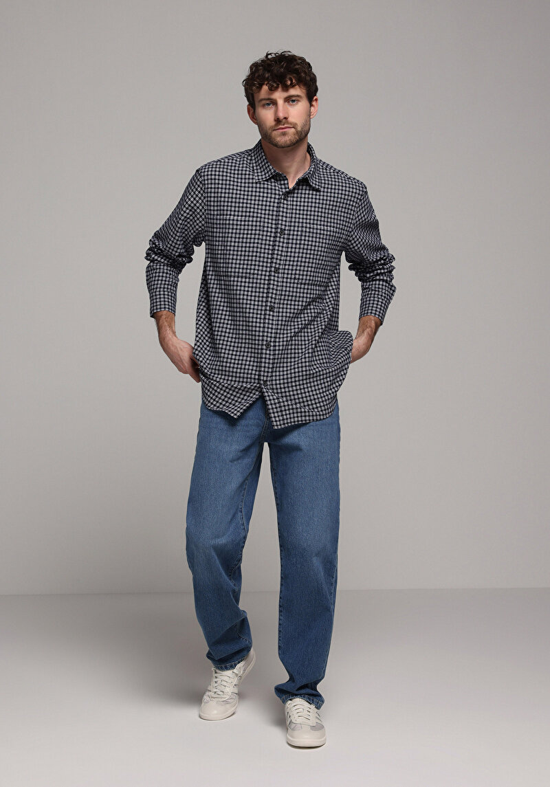 Comfort Fit Shirt Neck Ekoseli Erkek Lacivert Uzun Kol Gömlek