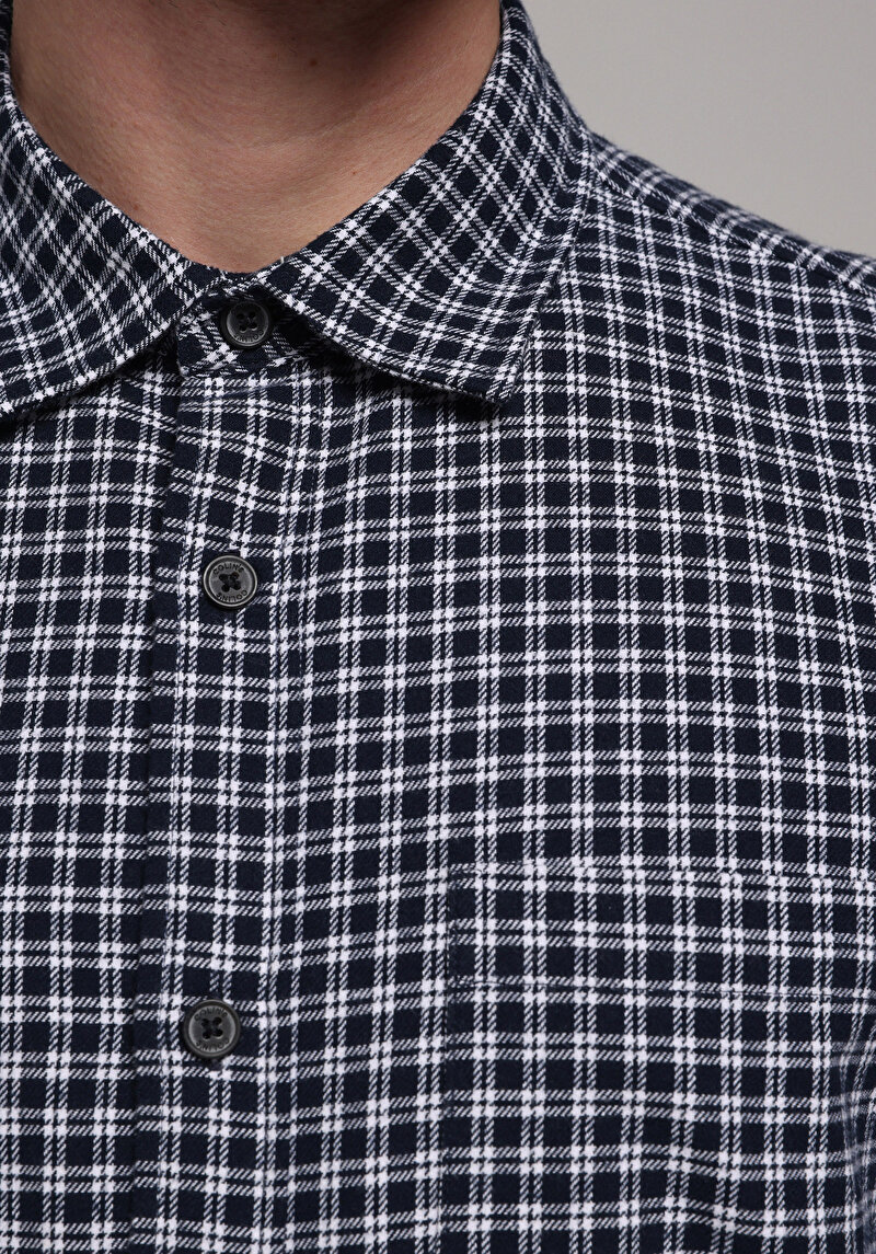 Comfort Fit Shirt Neck Ekoseli Erkek Lacivert Uzun Kol Gömlek