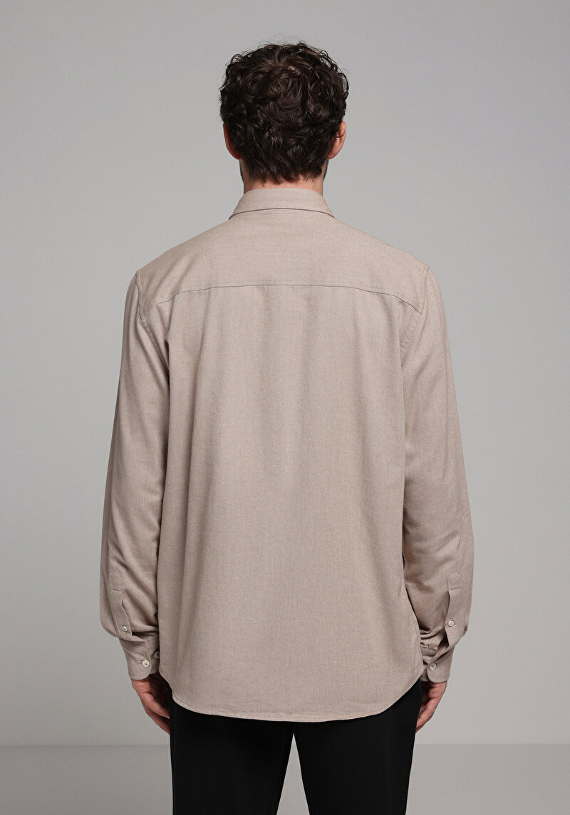Regular Fit Shirt Neck Düz Erkek Bej Uzun Kol Gömlek