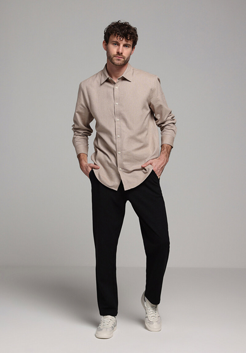 Regular Fit Shirt Neck Düz Erkek Bej Uzun Kol Gömlek