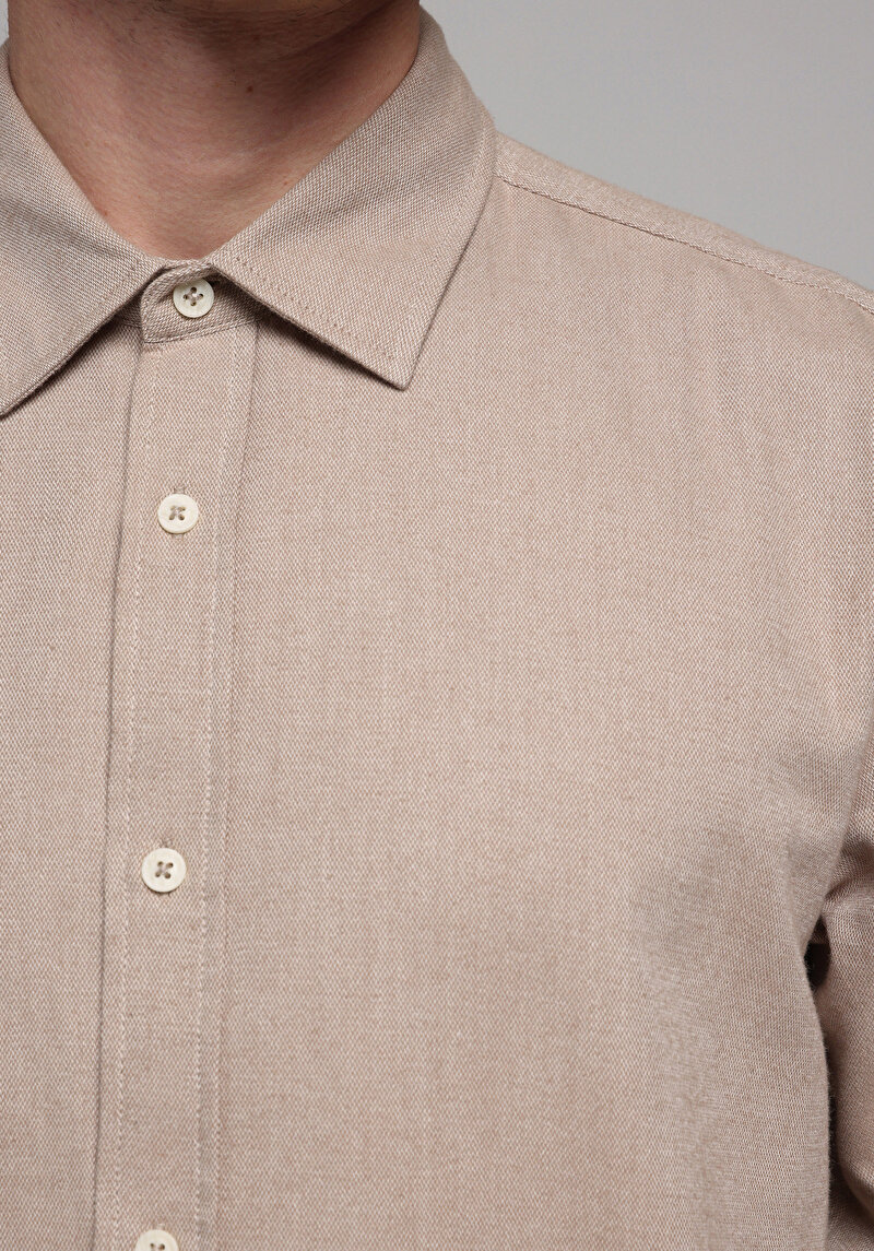 Regular Fit Shirt Neck Düz Erkek Bej Uzun Kol Gömlek