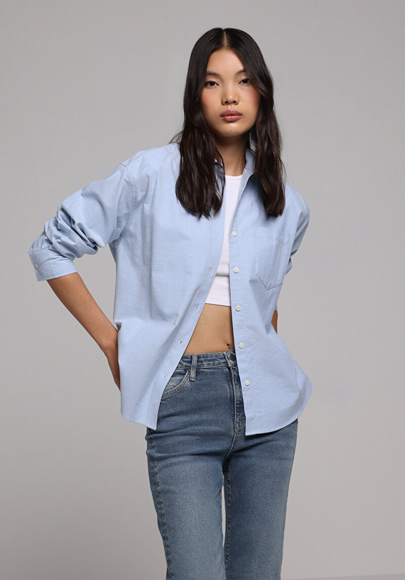Boyfriend Fit Shirt Neck Düz Kadın Mavi Uzun Kol Gömlek