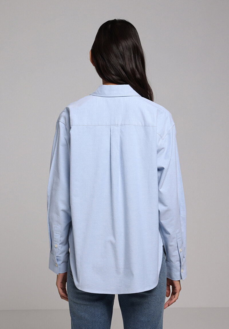 Boyfriend Fit Shirt Neck Düz Kadın Mavi Uzun Kol Gömlek