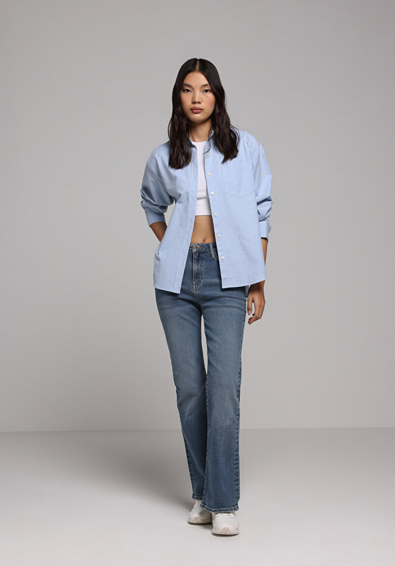 Boyfriend Fit Shirt Neck Düz Kadın Mavi Uzun Kol Gömlek