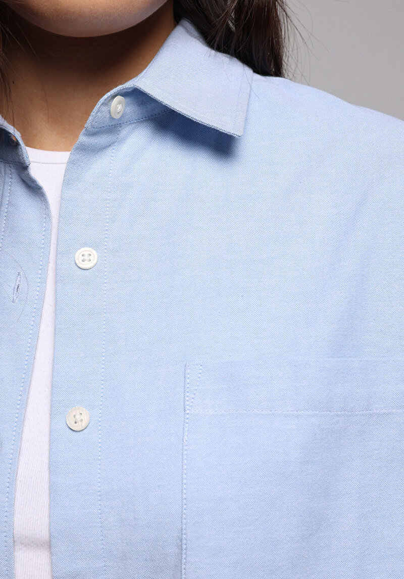 Boyfriend Fit Shirt Neck Düz Kadın Mavi Uzun Kol Gömlek