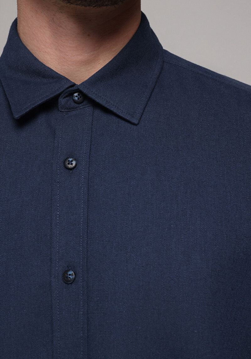 Regular Fit Shirt Neck Düz Erkek Lacivert Uzun Kol Gömlek