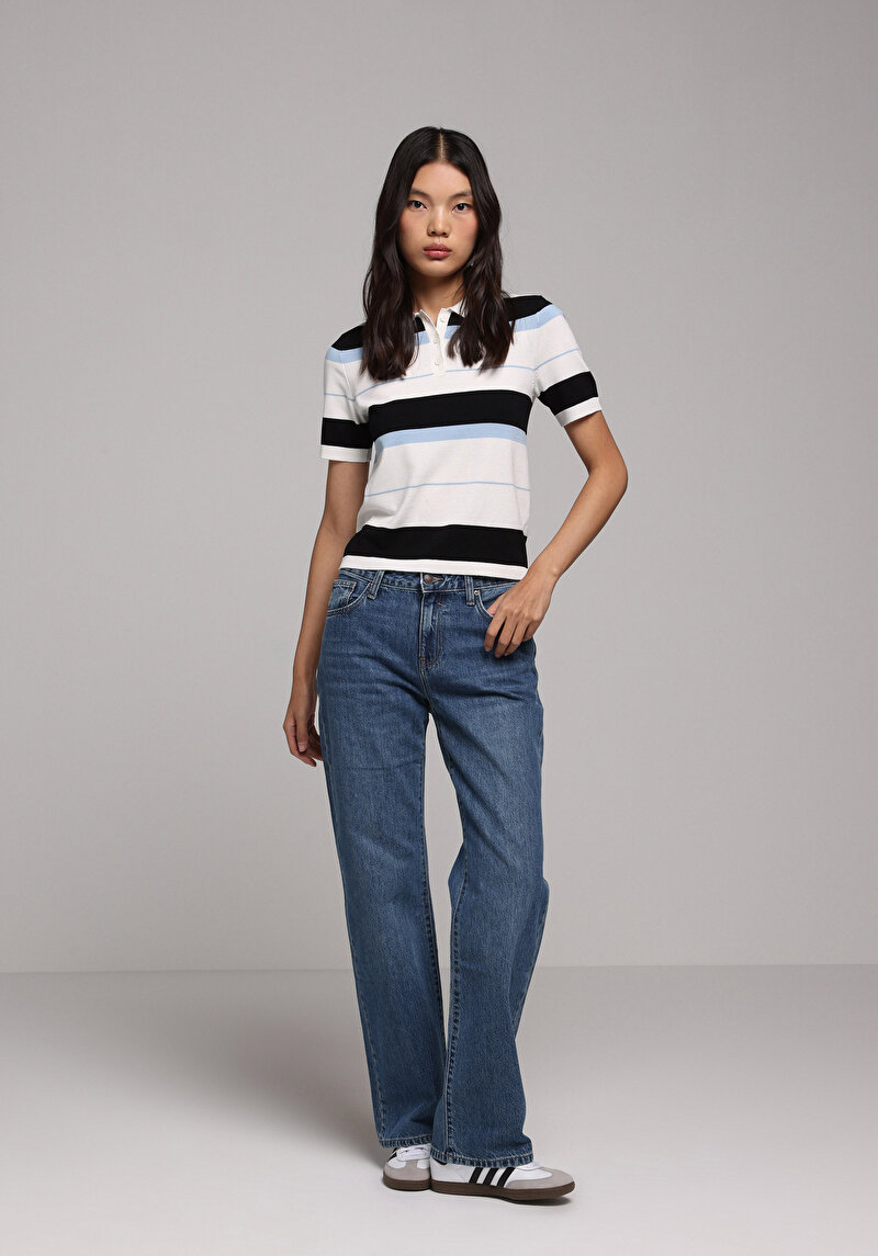 Straight Fit Orta Bel Düz Paça Kadın İndigo Jean Pantolon