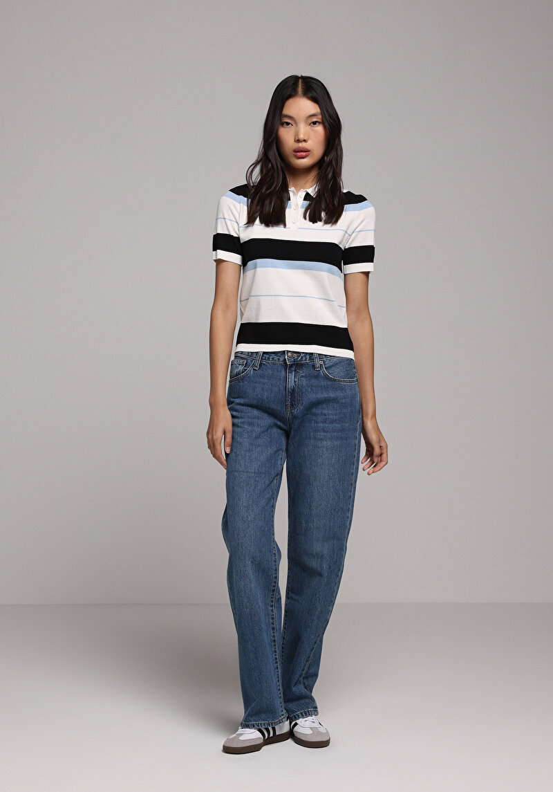 Straight Fit Orta Bel Düz Paça Kadın İndigo Jean Pantolon