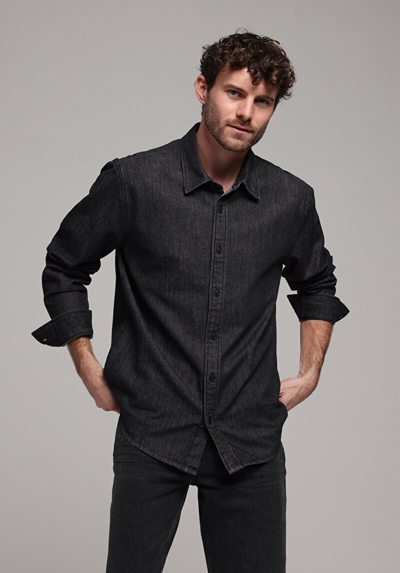 Regular Fit Klasik Yaka Düz Erkek Siyah Uzun Kol Gömlek