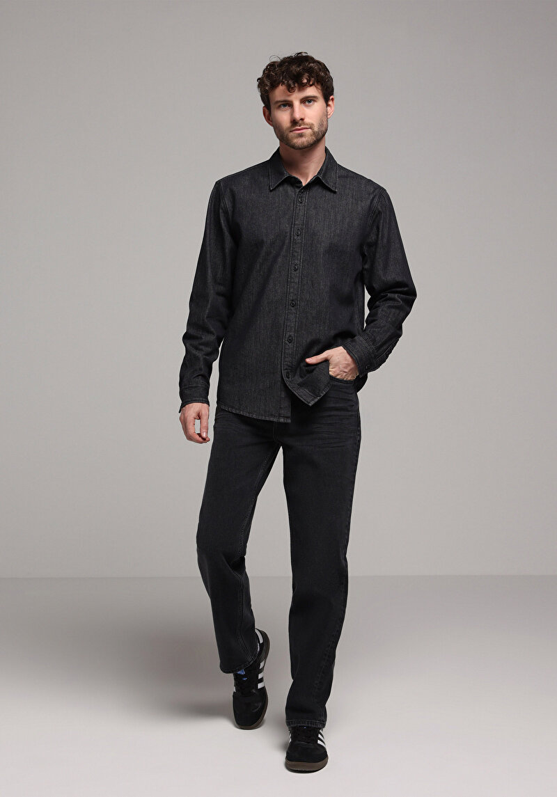 Regular Fit Klasik Yaka Düz Erkek Siyah Uzun Kol Gömlek