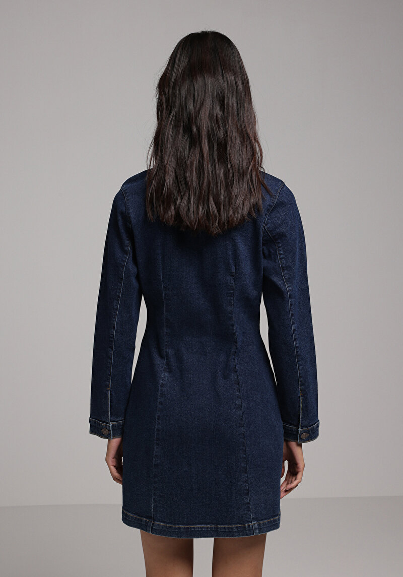 Slim Fit Düz Kadın Koyu Mavi Kısa Kol Elbise