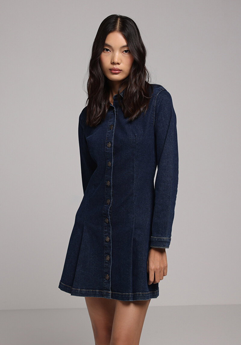 Slim Fit Düz Kadın Koyu Mavi Kısa Kol Elbise