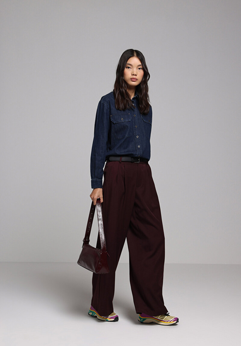 Regular Fit Klasik Yaka Düz Kadın Koyu Mavi Uzun Kol Gömlek