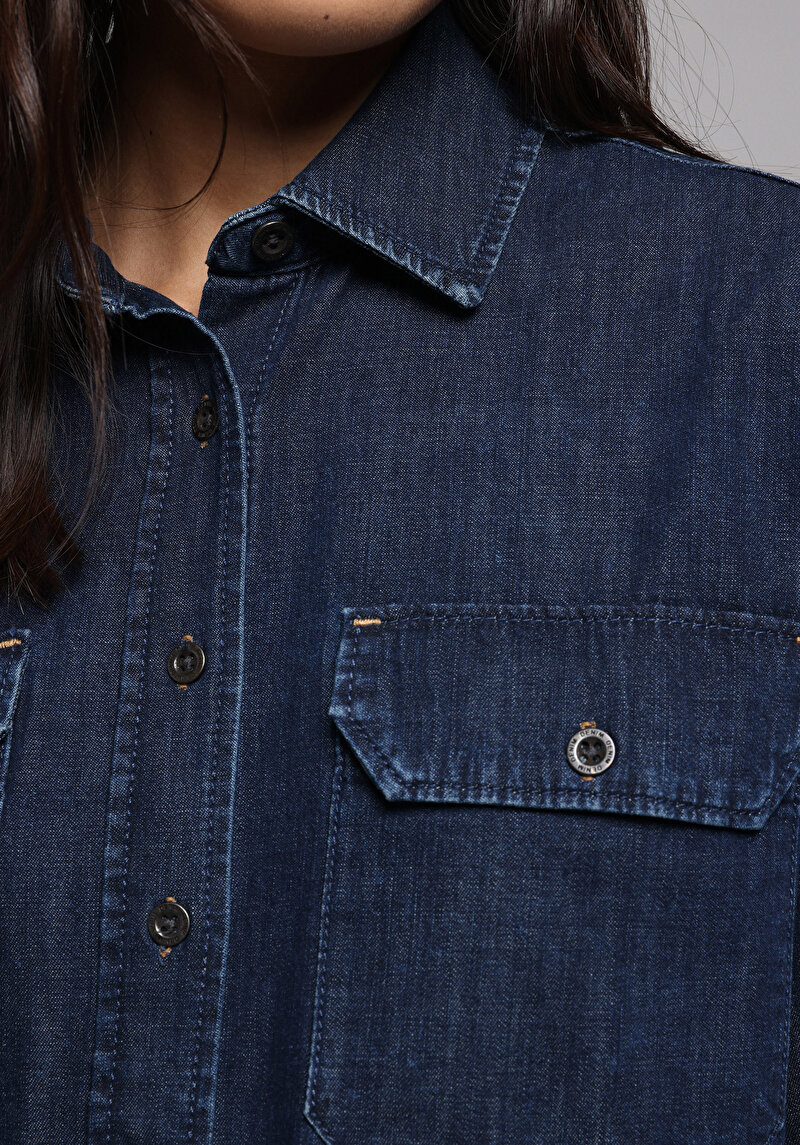 Regular Fit Klasik Yaka Düz Kadın Koyu Mavi Uzun Kol Gömlek