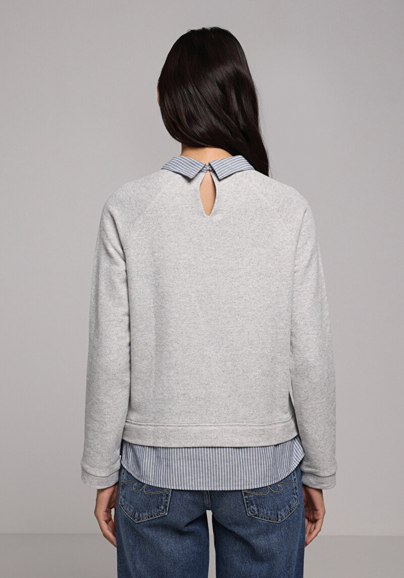 Regular Fit Gömlek Yaka Gri Kadın Sweatshirt