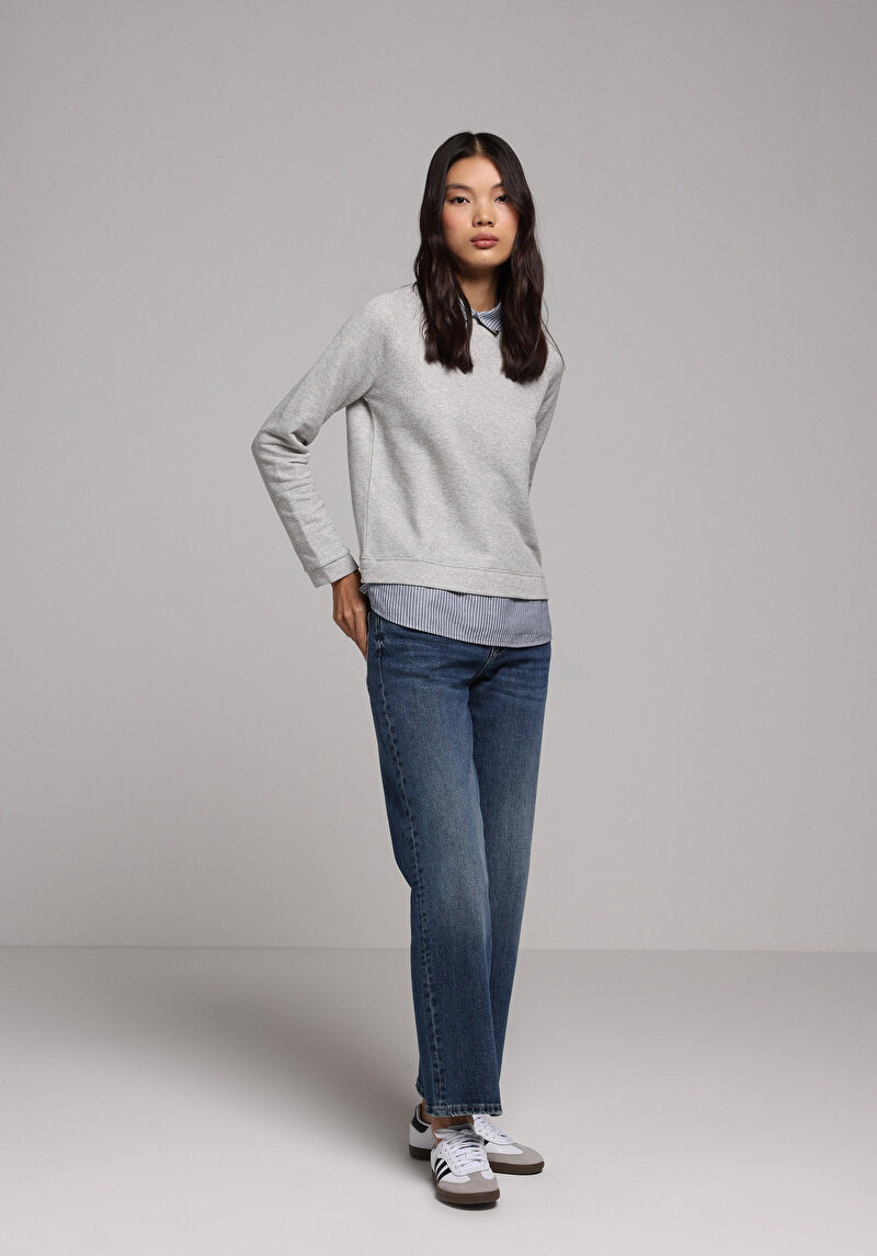 Regular Fit Gömlek Yaka Gri Kadın Sweatshirt