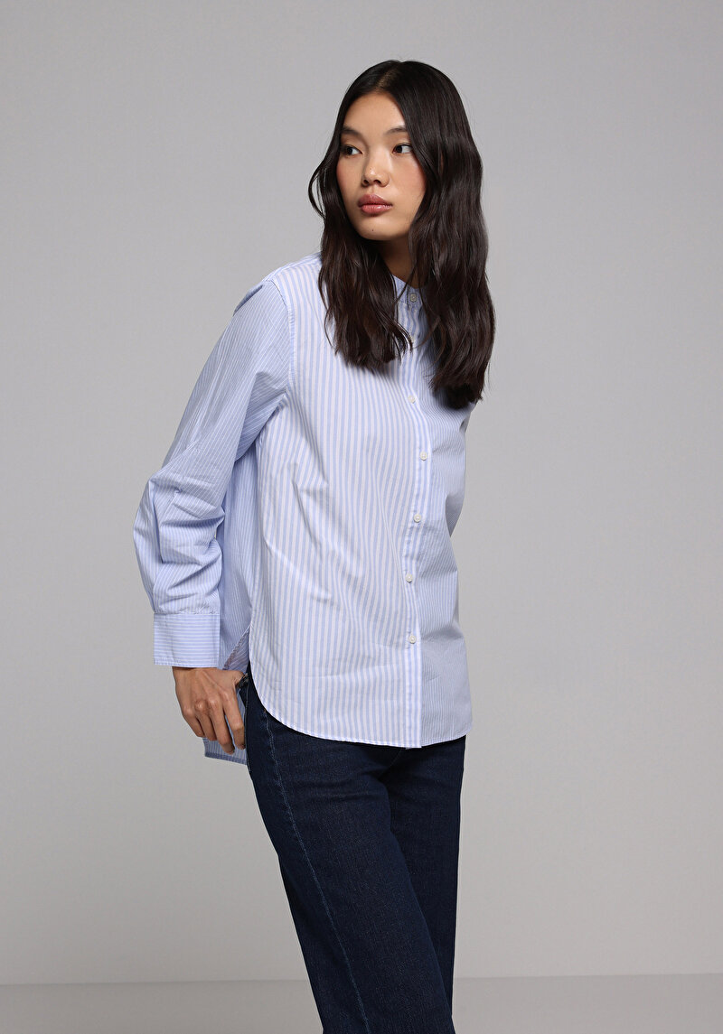 Fashion Fit Hakim Yaka Çizgili Kadın Mavi Uzun Kol Gömlek
