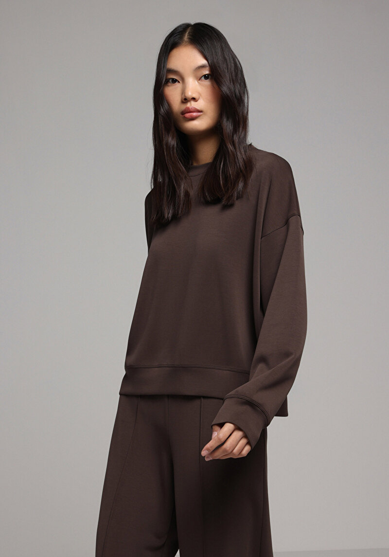 Regular Fit Yuvarlak Yaka Düz Kadın Kahverengi Sweatshirt