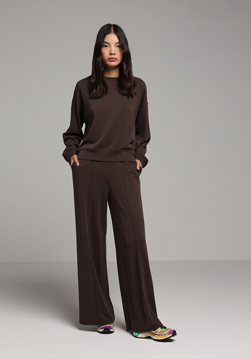 Regular Fit Yuvarlak Yaka Düz Kadın Kahverengi Sweatshirt