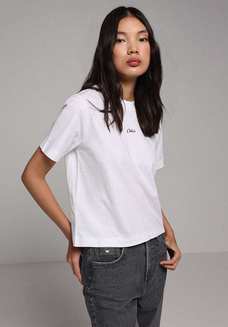 Boxy Fit Yuvarlak Yaka Baskılı Kadın Beyaz Kısa Kol Tişört