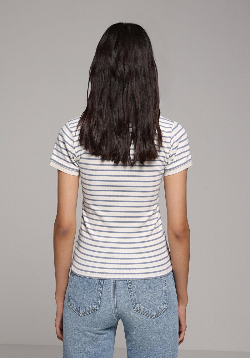 Slim Fit Polo Yaka Çizgili Kadın Mavi Kısa Kol Tişört