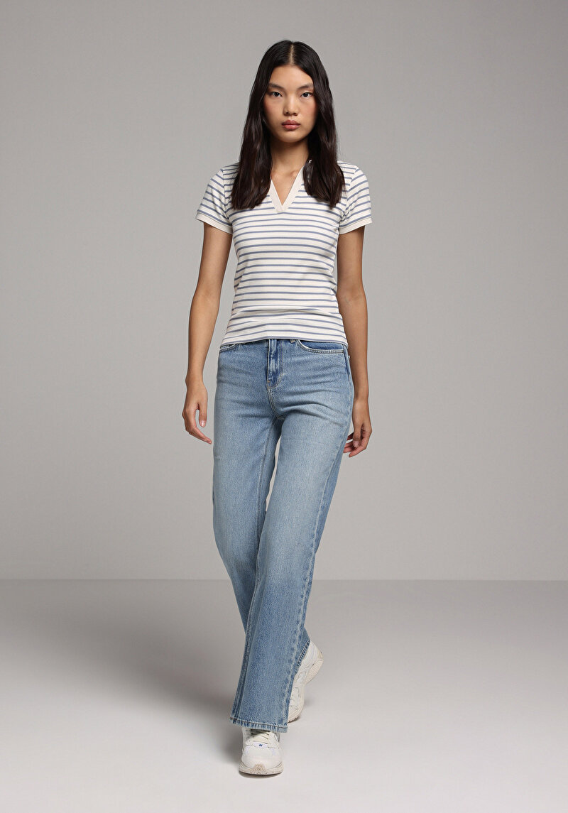 Slim Fit Polo Yaka Çizgili Kadın Mavi Kısa Kol Tişört