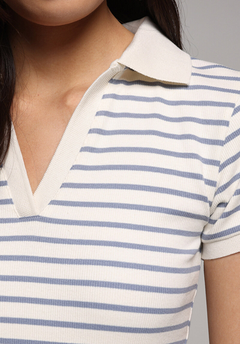 Slim Fit Polo Yaka Çizgili Kadın Mavi Kısa Kol Tişört