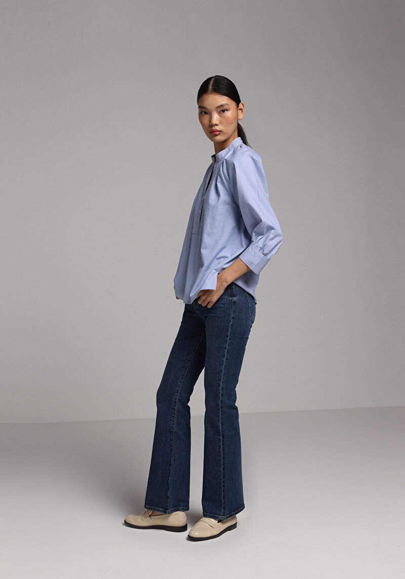 Fashion Fit Hakim Yaka Düz Kadın Mavi Uzun Kol Gömlek