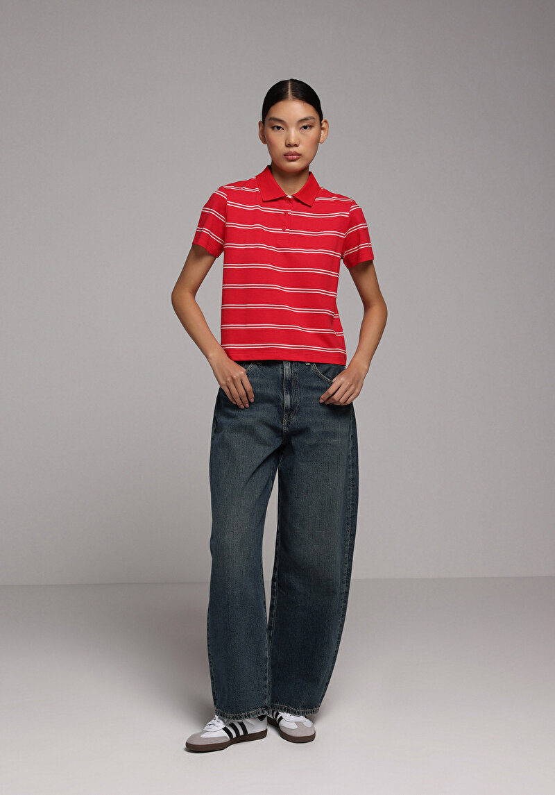 Regular Fit Yuvarlak Yaka Çizgili Kadın Kirmizi Kısa Kol Tişört
