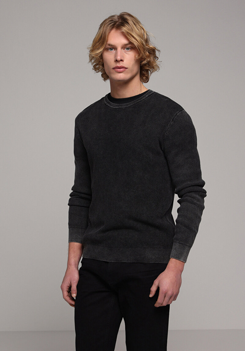 Regular Fit Yuvarlak Yaka Jakarlı Erkek Antrasit Kazak