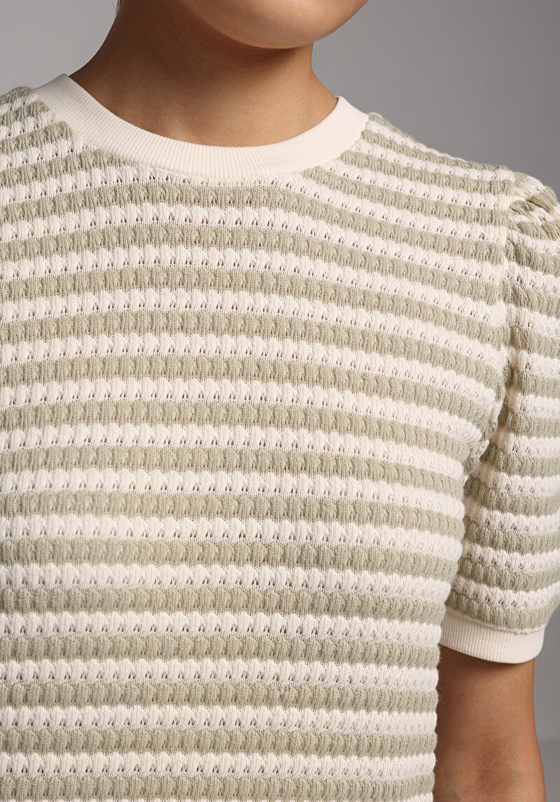 Slim Fit Yuvarlak Yaka Çizgili Kadın Yeşil Kısa Kol Tişört