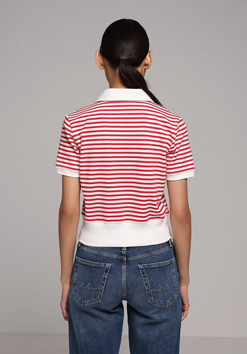 Slim Fit Polo Yaka Çizgili Kadın Kirmizi Kısa Kol Tişört