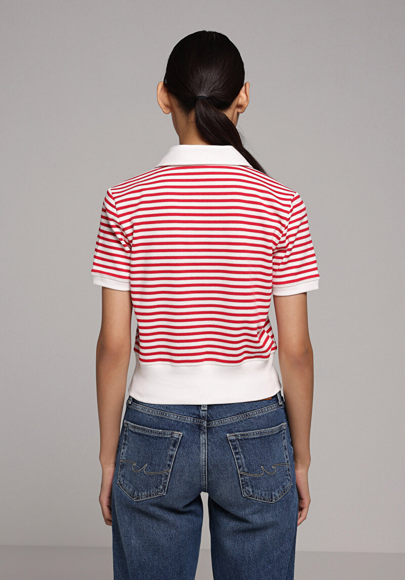 Slim Fit Polo Yaka Çizgili Kadın Kirmizi Kısa Kol Tişört