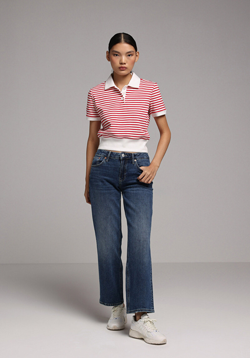 Slim Fit Polo Yaka Çizgili Kadın Kirmizi Kısa Kol Tişört