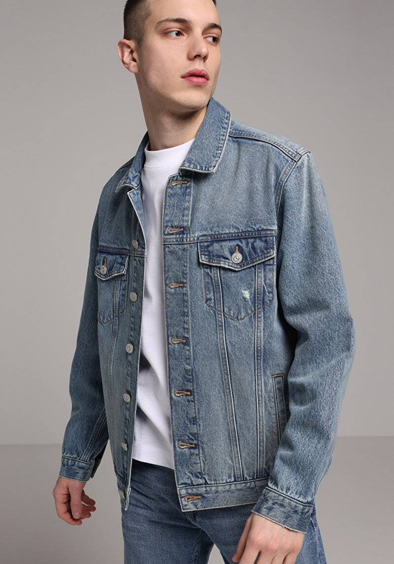 Regular Fit Düğmeli Astarsız  Erkek Light İndigo Denim Ceket