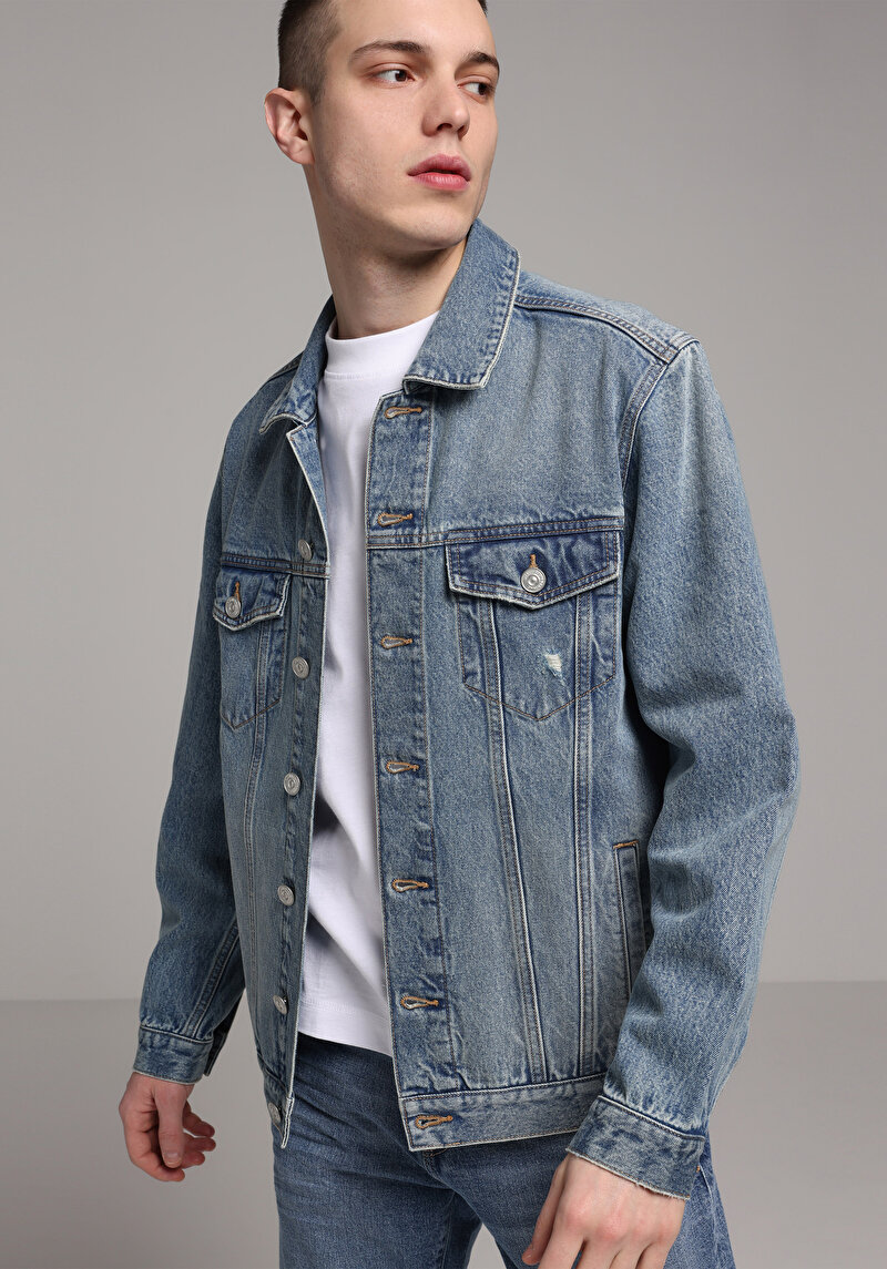 Regular Fit Düğmeli Astarsız Erkek Light İndigo Denim Ceket