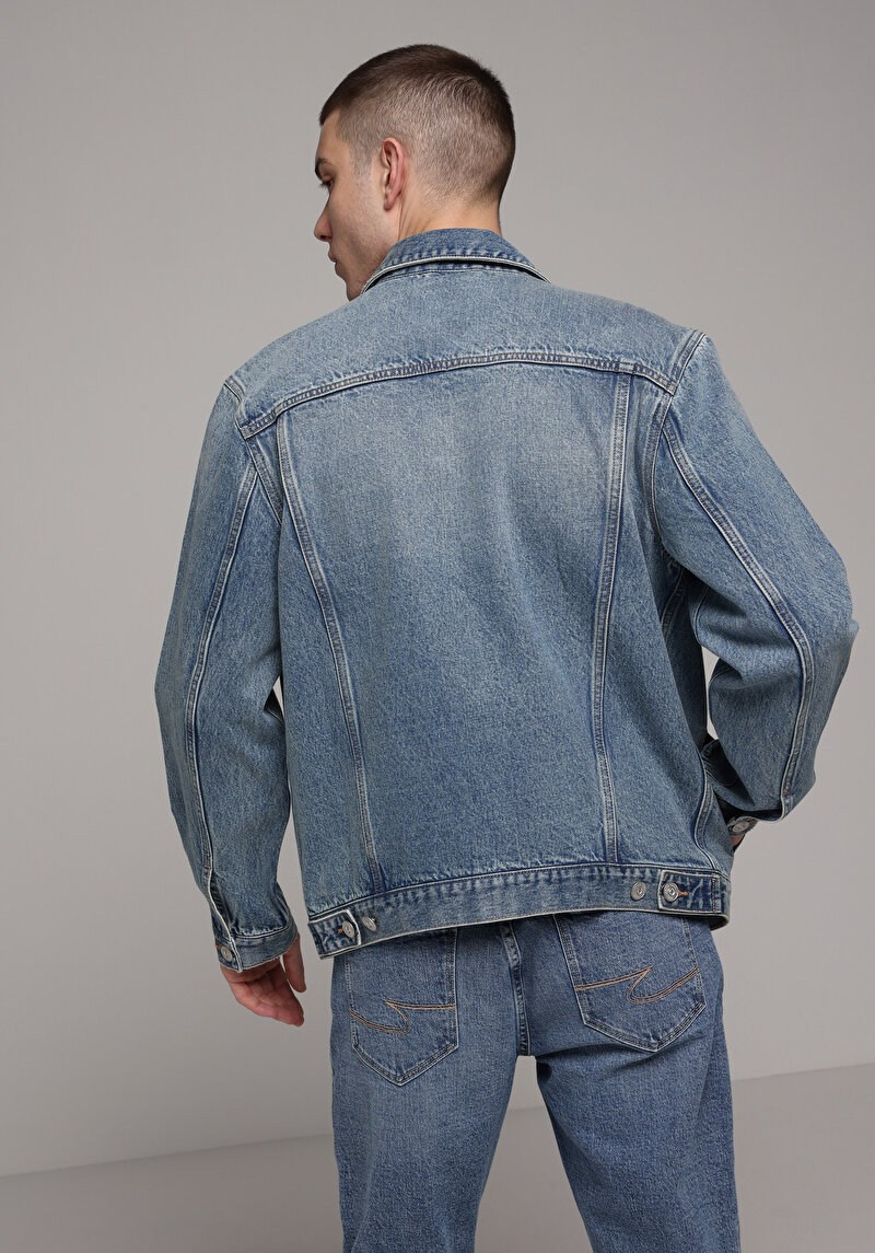 Regular Fit Düğmeli Astarsız  Erkek Light İndigo Denim Ceket