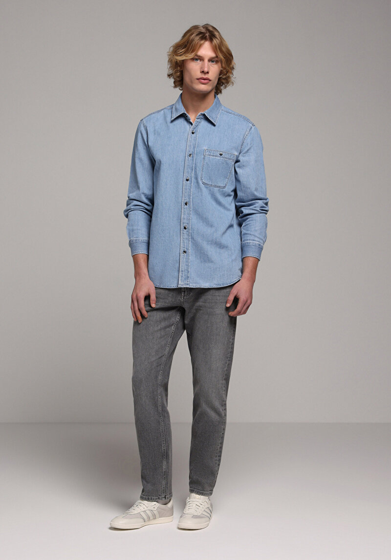 Regular Fit Klasik Yaka Düz Erkek Light İndigo Denim Uzun Kol Gömlek