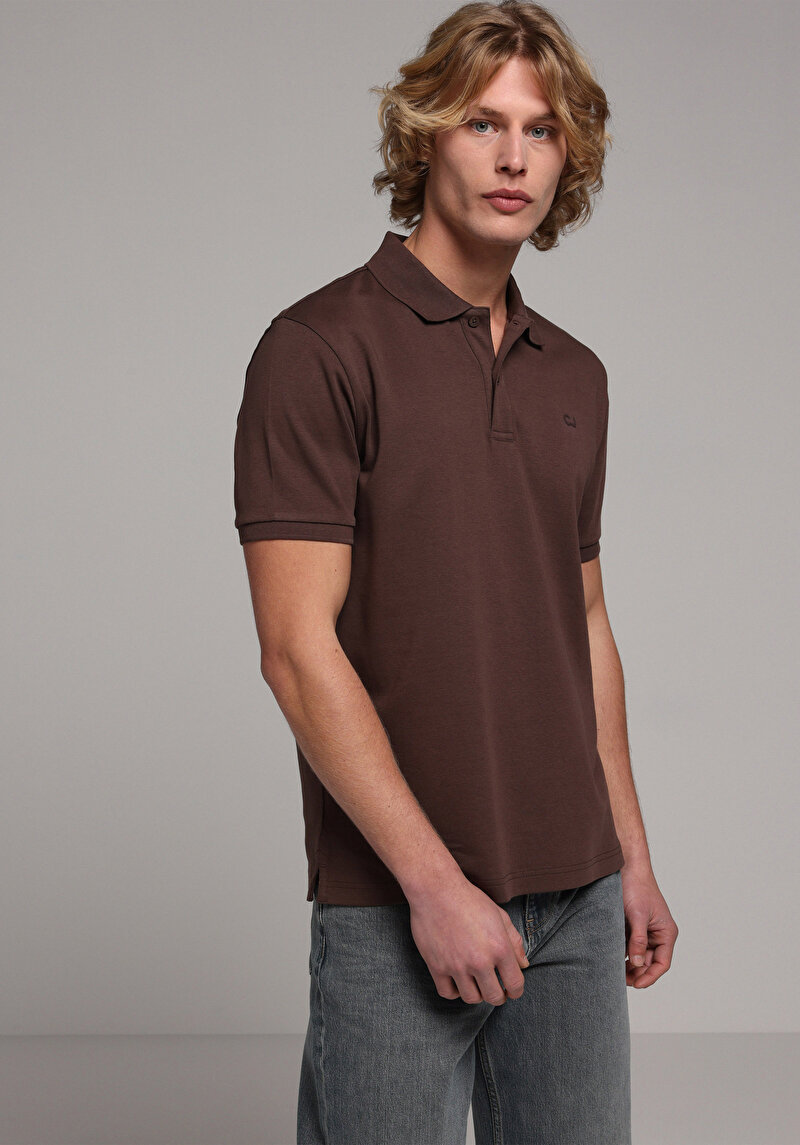 Regular Fit Polo Yaka Düz Erkek Kahverengi Kısa Kol Tişört