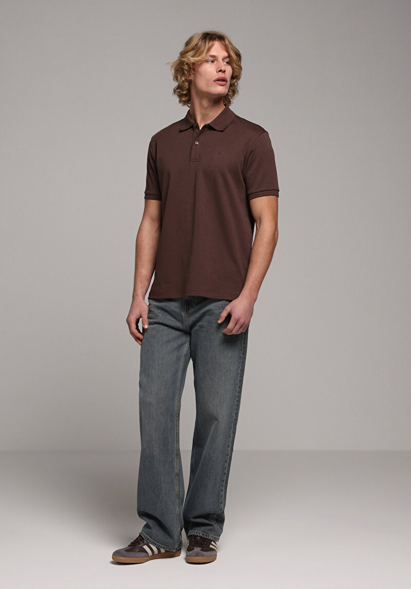 Regular Fit Polo Yaka Düz Erkek Kahverengi Kısa Kol Tişört