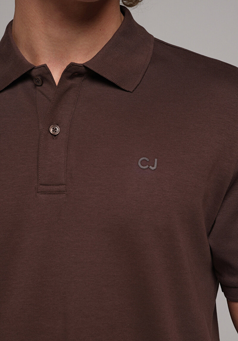 Regular Fit Polo Yaka Düz Erkek Kahverengi Kısa Kol Tişört