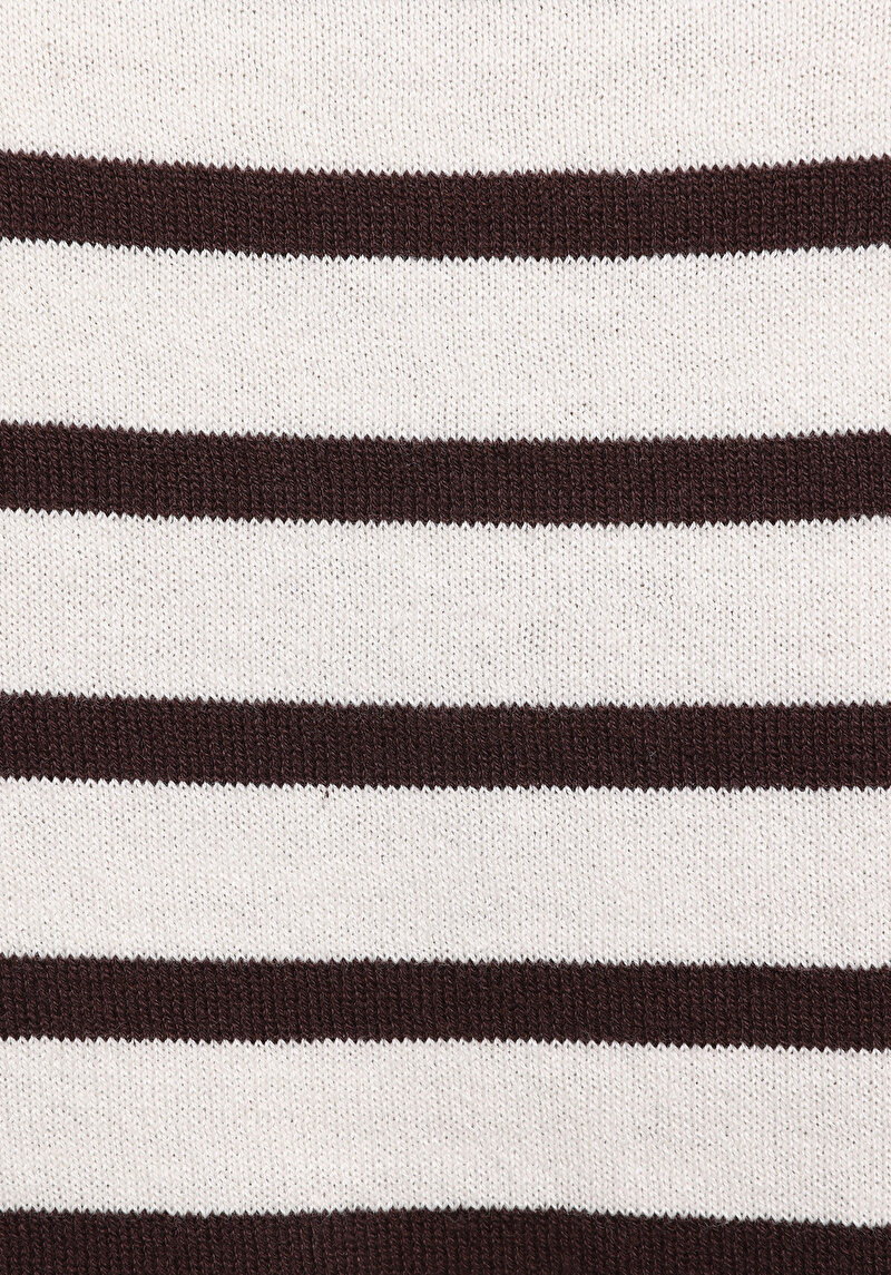 Slim Fit Polo Yaka Çizgili Kadın Kahverengi Kısa Kol Kazak