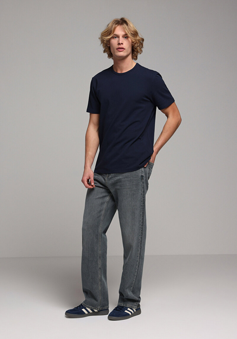 Regular Fit Yuvarlak Yaka Düz Erkek Lacivert Kısa Kol Tişört