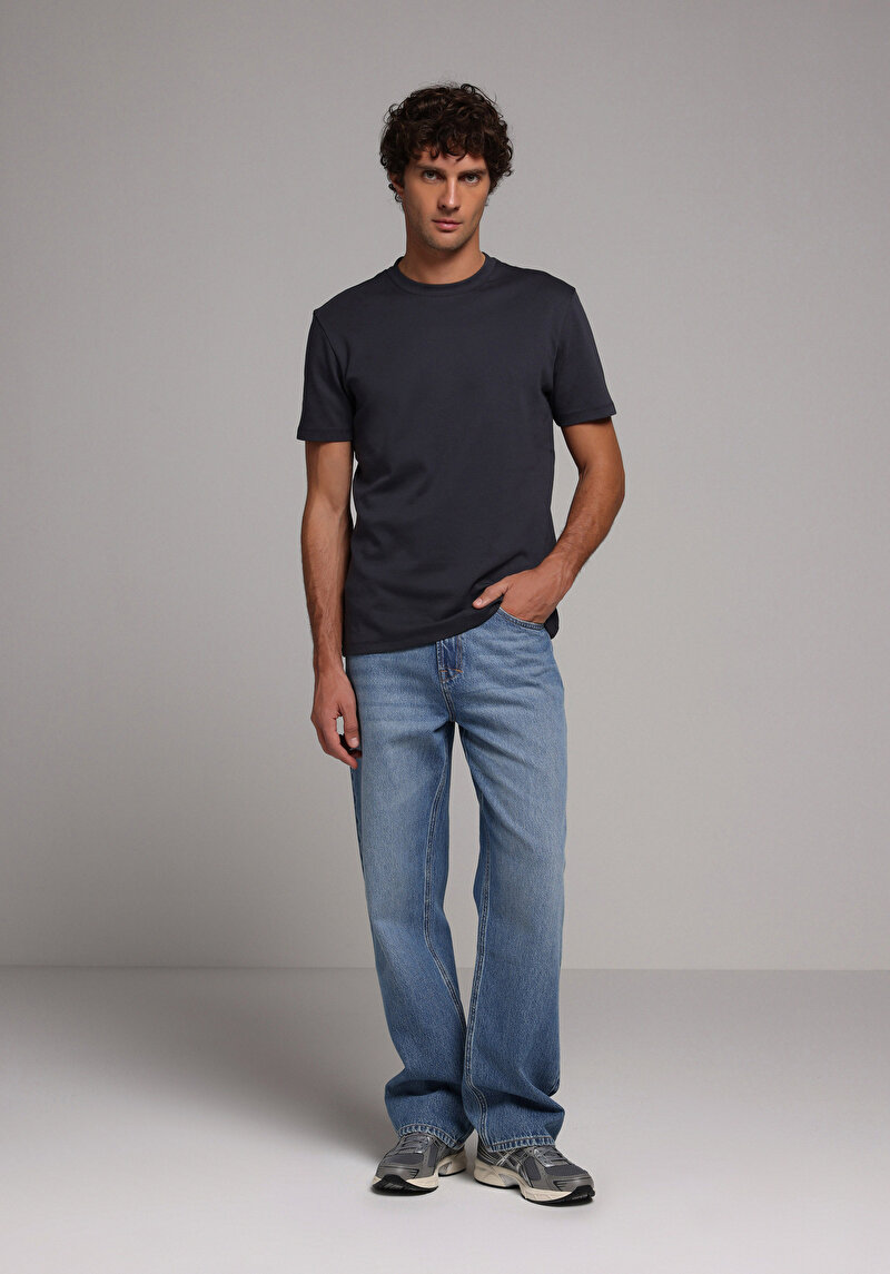 Regular Fit Yuvarlak Yaka Düz Erkek Lacivert Kısa Kol Tişört