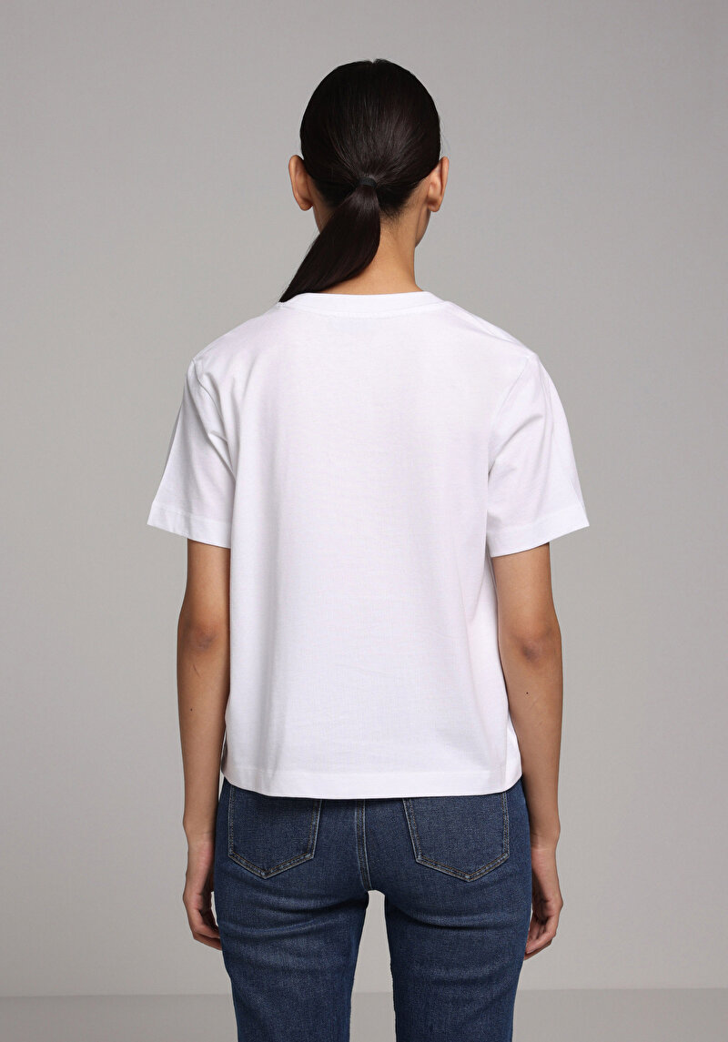 Boxy Fit Yuvarlak Yaka Baskılı Kadın Beyaz Kısa Kol Tişört